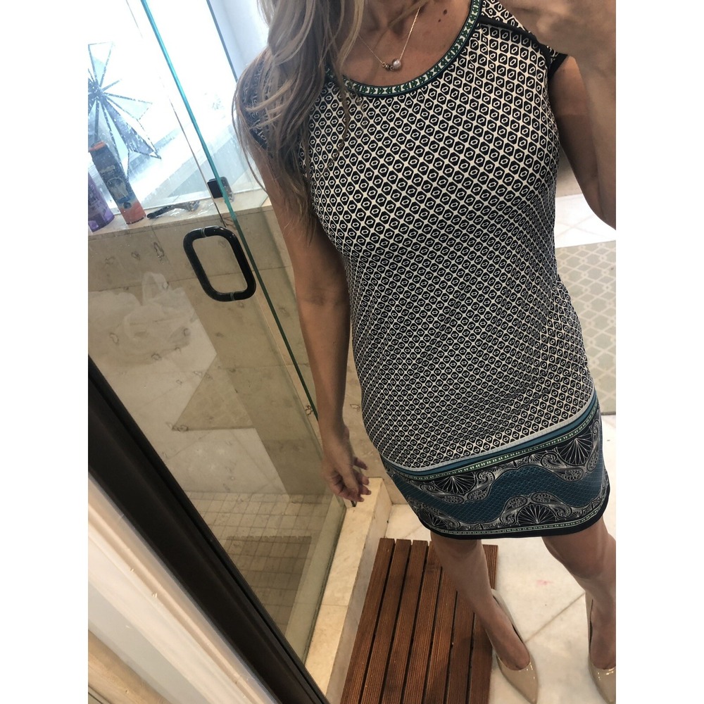 Max Studio Mixed Print Sheath Dress M Blue Stretch Travel Knit Short Sleeve